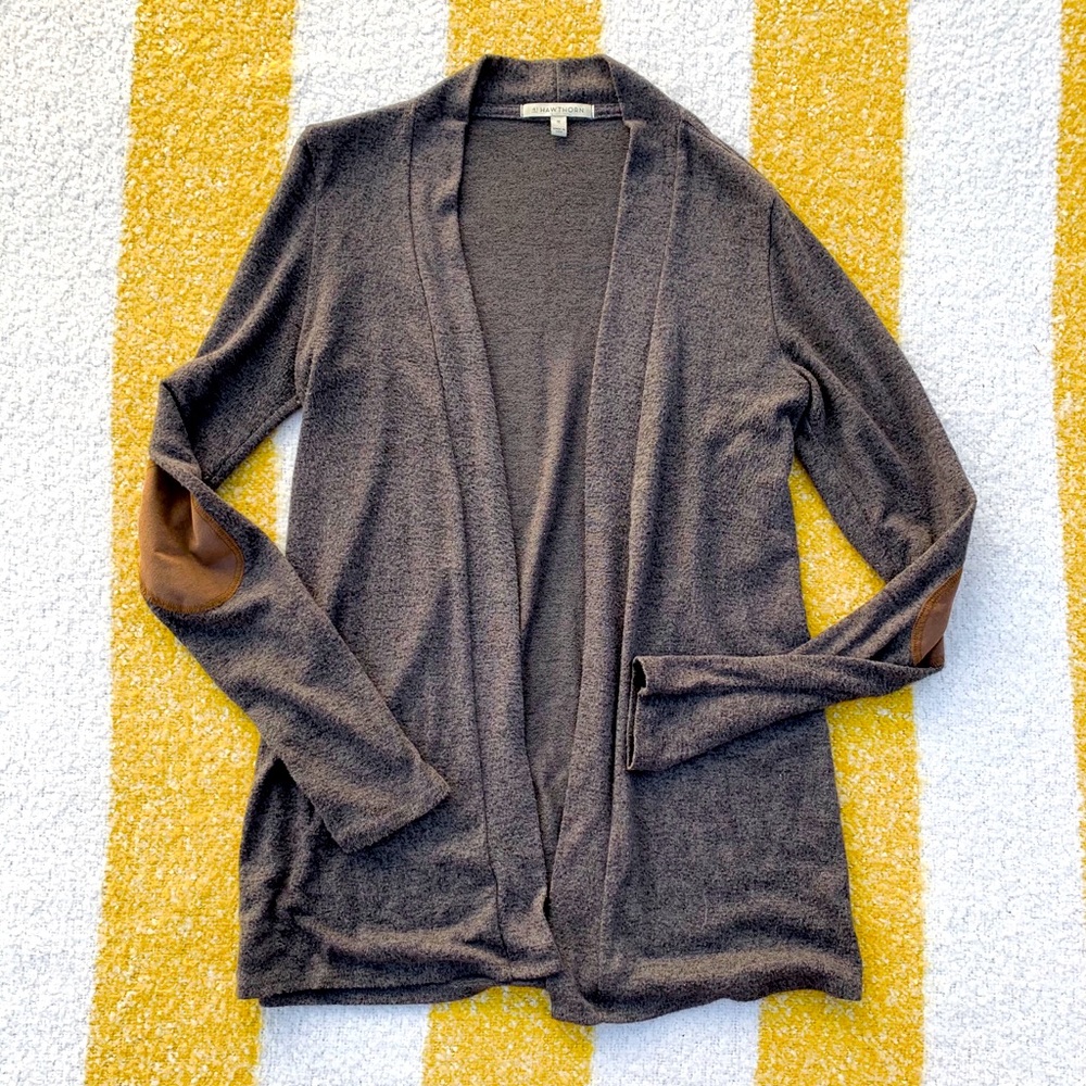 NANCY FAUX SUEDE ELBOW PATCH BRUSHED CARDIGAN